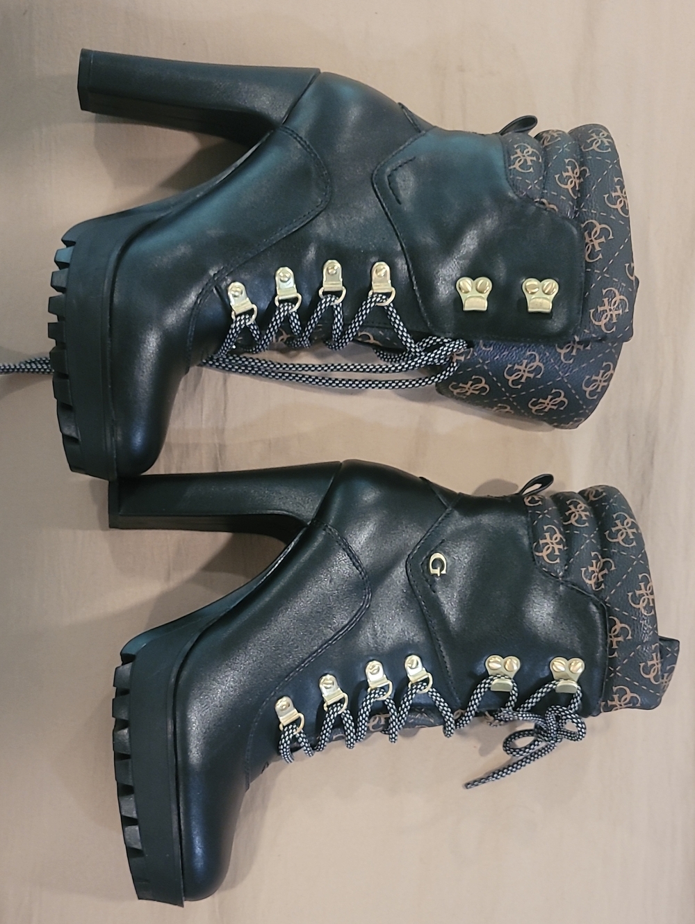 GUESS Black Leather-Look High-Heel Lug Ankle Boots with Logo Cuff